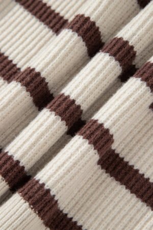 Brown Stripe Ribbed Henley Drop Shoulder Slouchy Sweater - Image 13