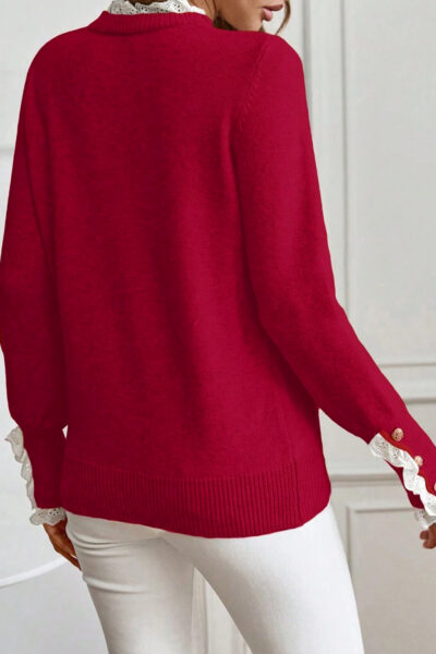 Racing Red Lace Trim Patchwork Buttoned Cuffs Loose Sweater