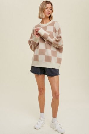 Parchment Checkered Pattern Ribbed Trim Knit Baggy Sweater - Image 5