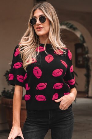 Black Rugby Print Casual Knit Short Sleeve Sweater - Image 9
