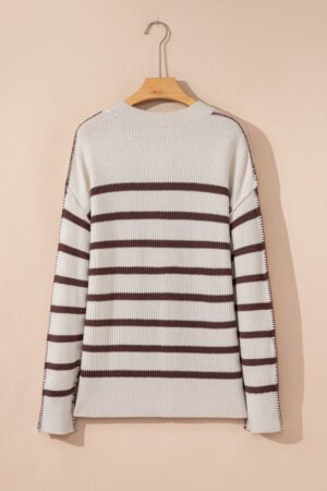 Brown Stripe Ribbed Henley Drop Shoulder Slouchy Sweater - Image 7