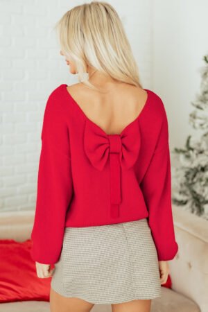 Fiery Red Festive Bow Backless Bubble Sleeve Sweater - Image 5