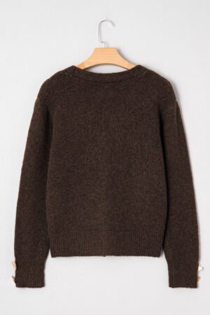 Chicory Coffee Heart Metal Button V Neck Cardigan Sweater - Image 13
