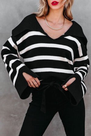 Black Caped V Neck Slit Sleeve Striped/Solid Sweater