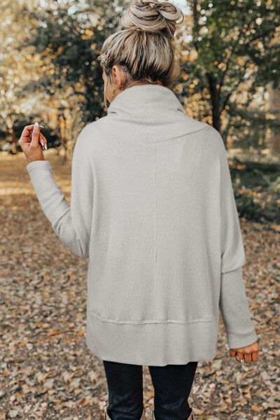 Light Grey Textured Knit Drawstring Cowl Neck Oversize Top with Side Slits