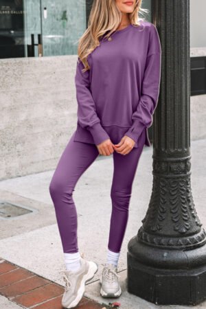 Orchid Mist Solid Color Oversize Slit Sweatshirt Ribbed Leggings 2pcs Set - Image 16