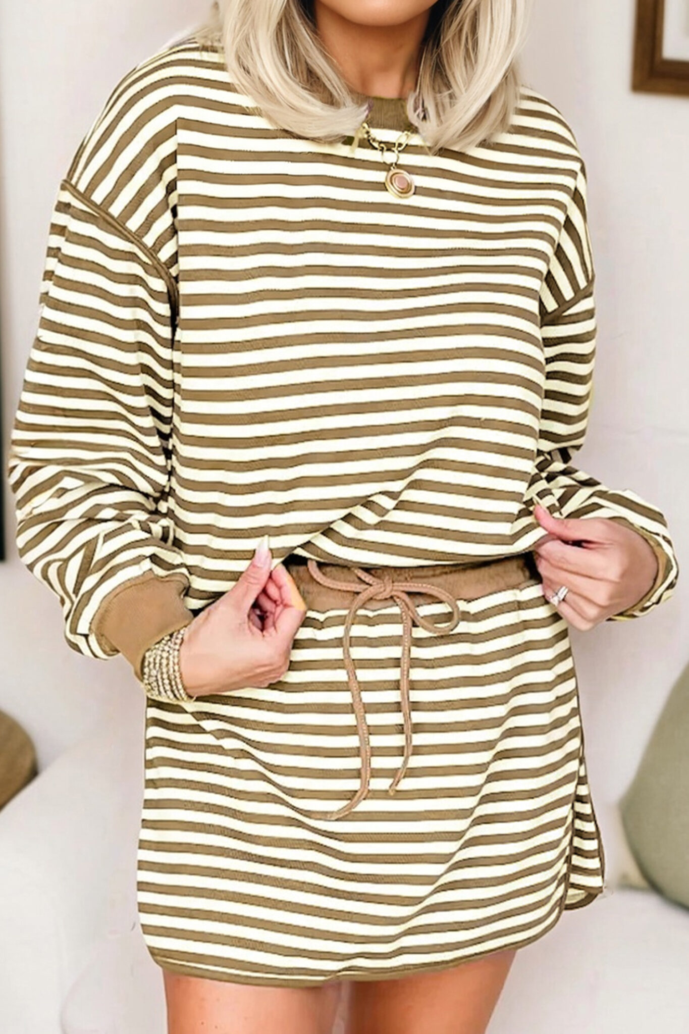 Brown Stripe Textured Drop Shoulder Pullover Top Drawstring Mini Skirt Two Piece Dress Set Brown Stripe Textured Drop Shoulder Pullover Top Drawstring Mini Skirt Two Piece Dress Set