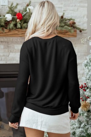 Black Twisted Rib Outlined Merry Letter Graphic Loose Long Sleeve Top - Image 13