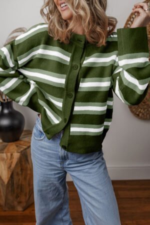 Green Stripe Drop Shoulder Buttons Cardigan Sweater - Image 3