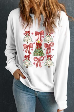 White Christmas Tree Ribbon Bow Printed Drop Shoulder Sweatshirt - Image 6