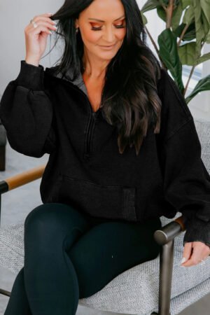 Black Half Zip Kangaroo Pocket Mineral Wash Baggy Hoodie - Image 2