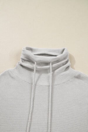 Light Grey Textured Knit Drawstring Cowl Neck Oversize Top with Side Slits - Image 6