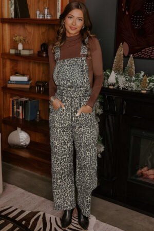 Brown Leopard Print Straight Leg Loose Denim Overall Jumpsuit - Image 3