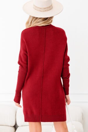 Fiery Red Ribbed High Neck Front Pockets Center Seam Shift Sweater Dress - Image 2