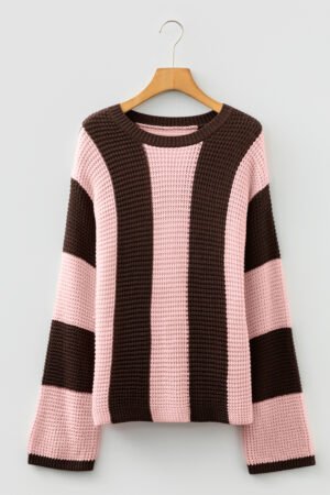 Fushia Striped Color Block Thermal Textured Knit Drop Shoulder Sweater - Image 4