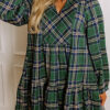 Green Plus Size Plaid Long Sleeve Notched Neck Shift Mini Dress