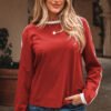 Fiery Red Varsity Striped Accent Contrast Crew Neck Long Sleeve T Shirt