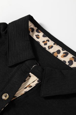 Black Contrast Leopard Print Patchwork Polo Collar Buttons Front Ruffled Long Sleeve Blouse - Image 8