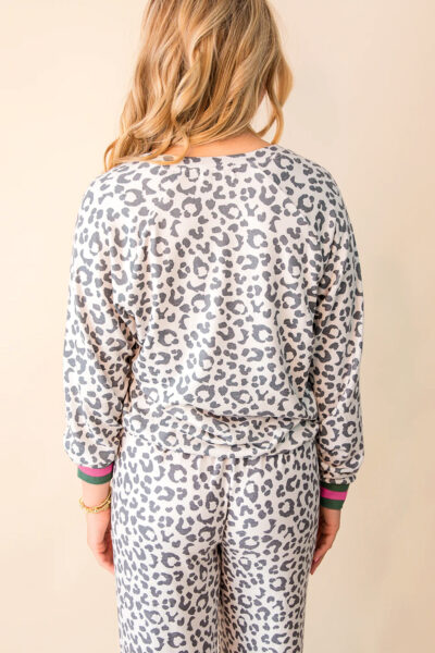 Gray V Neck Leopard Long Sleeve Top Striped Webbing Patchwork Drawstring Pant Set