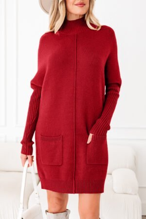 Fiery Red Ribbed High Neck Front Pockets Center Seam Shift Sweater Dress - Image 5