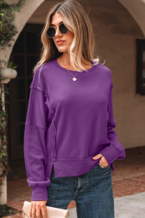 Orchid Mist Solid Color Raw Seam Patchwork Ribbed Drop Shoulder Sweatshirt - Image 8