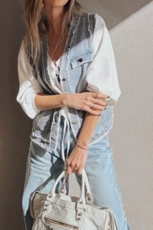 Beau Blue Frayed Edge Flap Pockets Denim Vest Jacket - Image 4