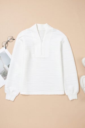 White Solid Color Textured Zip V Neck Pullover Sweatshirt - Image 3