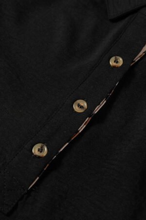 Black Contrast Leopard Print Patchwork Polo Collar Buttons Front Ruffled Long Sleeve Blouse - Image 6