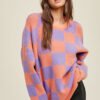 Grapefruit Orange Checkered Pattern Ribbed Trim Knit Baggy Sweater