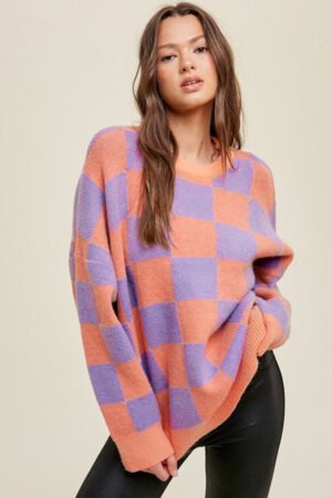 Grapefruit Orange Checkered Pattern Ribbed Trim Knit Baggy Sweater - Image 4