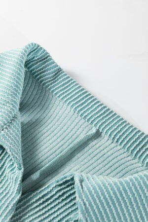 Light Blue Oversized Twist Ribbed Collared Henley Top with Roll up Sleeve - Image 11