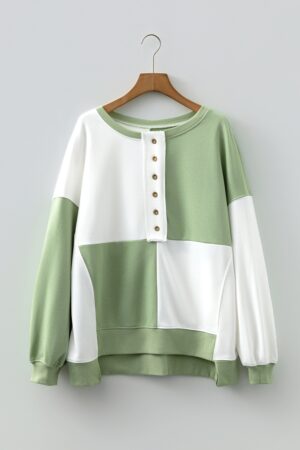 Grass Green Colorblock Henley High Low Oversize Sweatshirt - Image 6