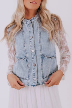 Beau Blue Scalloped Trim Patch Pocket Button Front Denim Vest