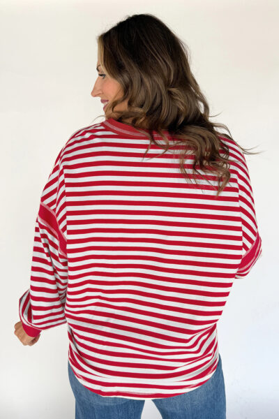 Red Stripe Exposed Seam V Neck Balloon Sleeve Pullover