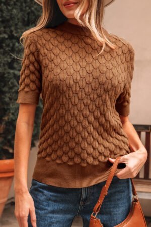 Straw Yellow Fish Scale Textured Knit Ribbed High Neck Short Sleeve Sweater - Image 8