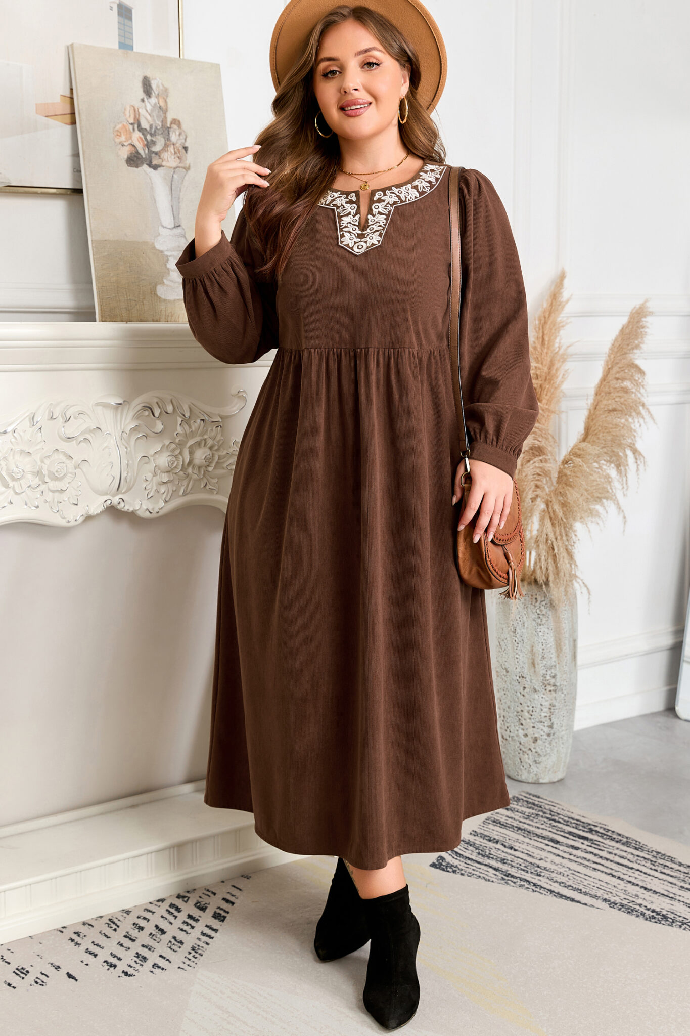 Coffee Embroidered Notched Neckline Textured Pleated High Waist Plus Size Midi Dress Coffee Embroidered Notched Neckline Textured Pleated High Waist Plus Size Midi Dress