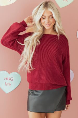 Red Dahlia Ribbed Knit Ribbon Knot Backless Drop Shoulder Sweater - Image 13