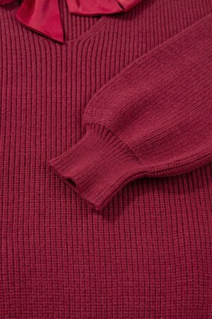 Red Dahlia Ribbed Knit Ribbon Knot Backless Drop Shoulder Sweater - Image 9