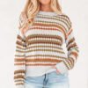 Brown Stripe Eyelet Patterned Drop Shoulder Sweater