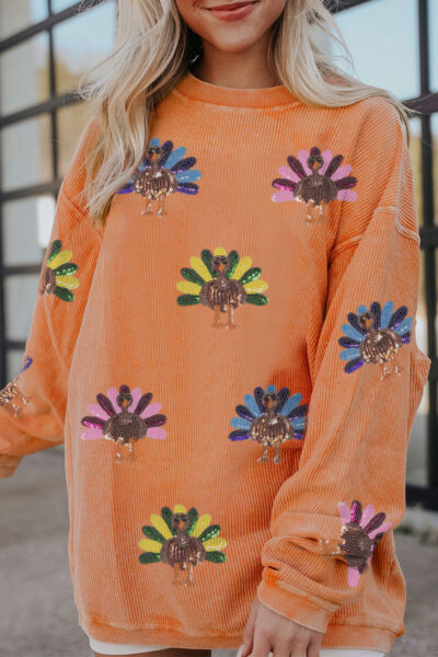 Orange Turkey Graphic Corded Baggy Sweatshirt