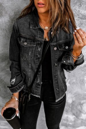 Black Lapel Distressed Raw Hem Buttons Denim Jacket - Image 3
