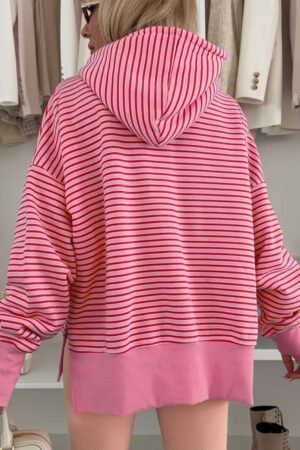 Rose Stripe Thumbhole Side Slits Drop Shoulder Loose Fit Hoodie - Image 2