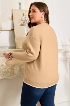 Tan Plus Size Leopard Bow Decor Split Cuffs Loose Sweater - Image 10