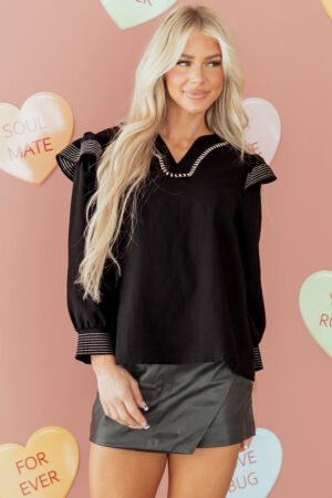 Black Contrast Stitched Detail V Neck Ruffle Long Sleeve Blouse - Image 13
