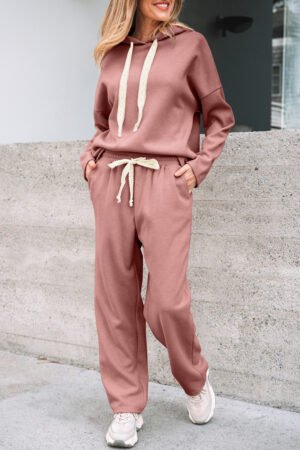 Rose Tan Lace Drawstring Pullover Hoodie and High Waist Pants Corduroy Suit - Image 8