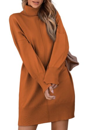 Gold Flame Solid Color Turtleneck Drop Shoulder Loose Sweater Dress - Image 8