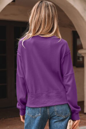 Orchid Mist Solid Color Raw Seam Patchwork Ribbed Drop Shoulder Sweatshirt - Image 7