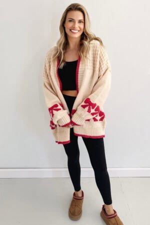 Apricot Bow Pattern Textured Open Front Baggy Cardigan - Image 2