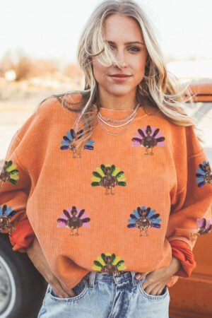 Orange Turkey Graphic Corded Baggy Sweatshirt - Image 3