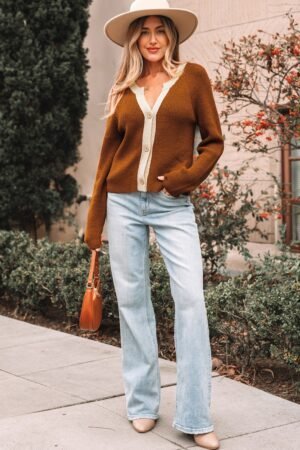 Chestnut Contrast Knit V Neckline Short Cardigan - Image 15